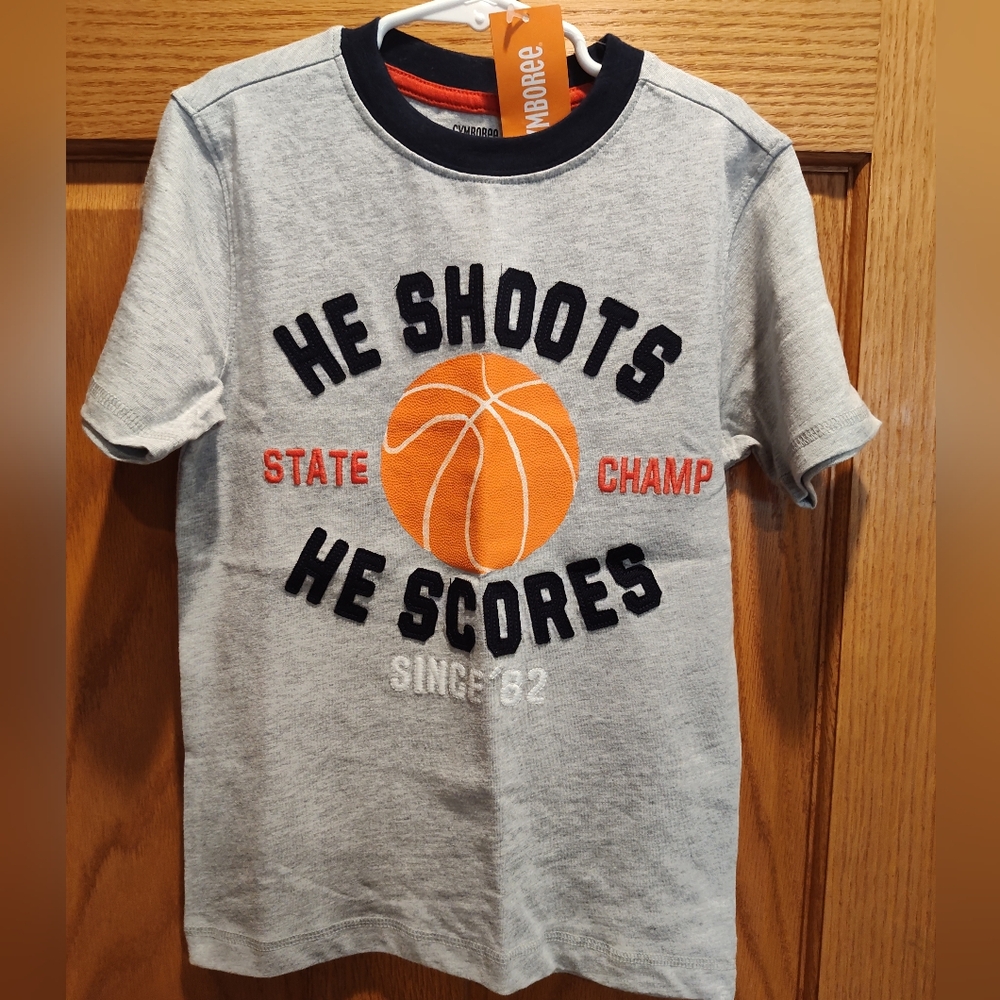 Gymboree Basketball Tee, Gray/Navy Graphic T-Shirt with Orange Basketball Design